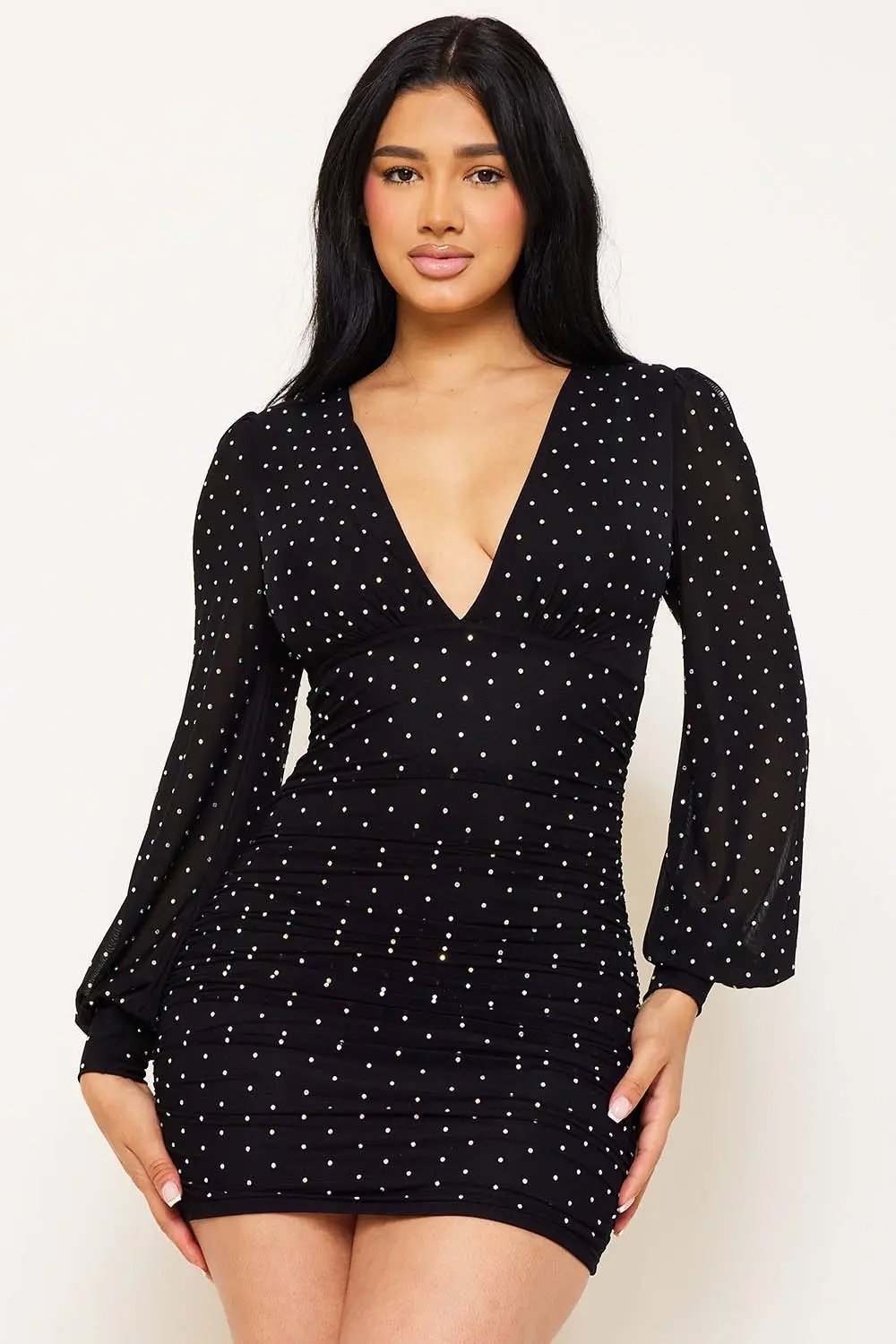 Rhinestone Mesh Mini Dress - Pleated V Neck Long Sleeve BOUTINIE