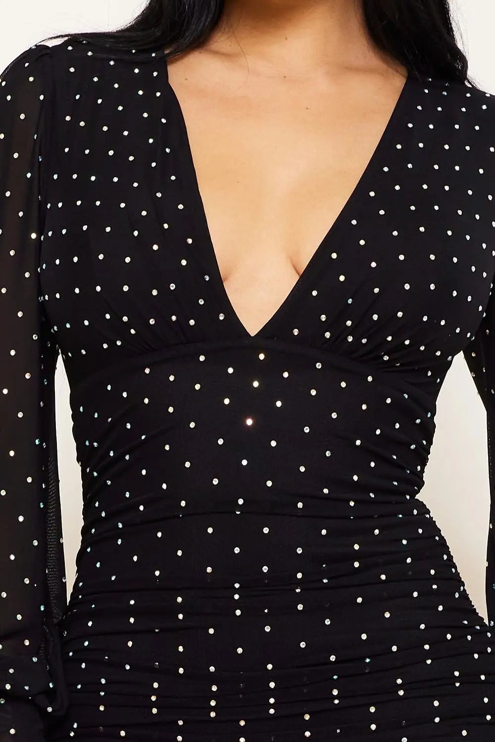 Rhinestone Mesh Mini Dress - Pleated V Neck Long Sleeve BOUTINIE