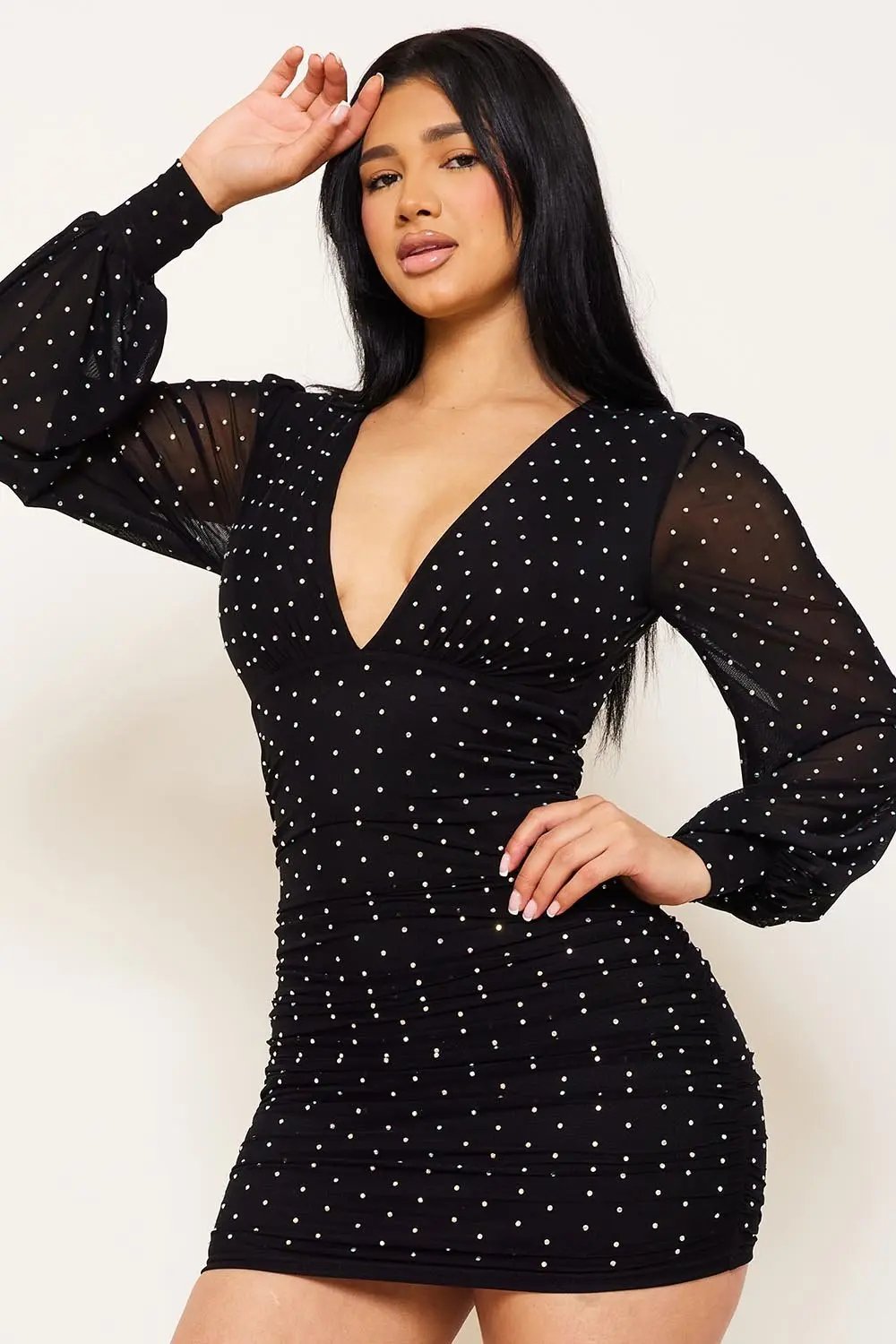 Rhinestone Mesh Mini Dress - Pleated V Neck Long Sleeve BOUTINIE