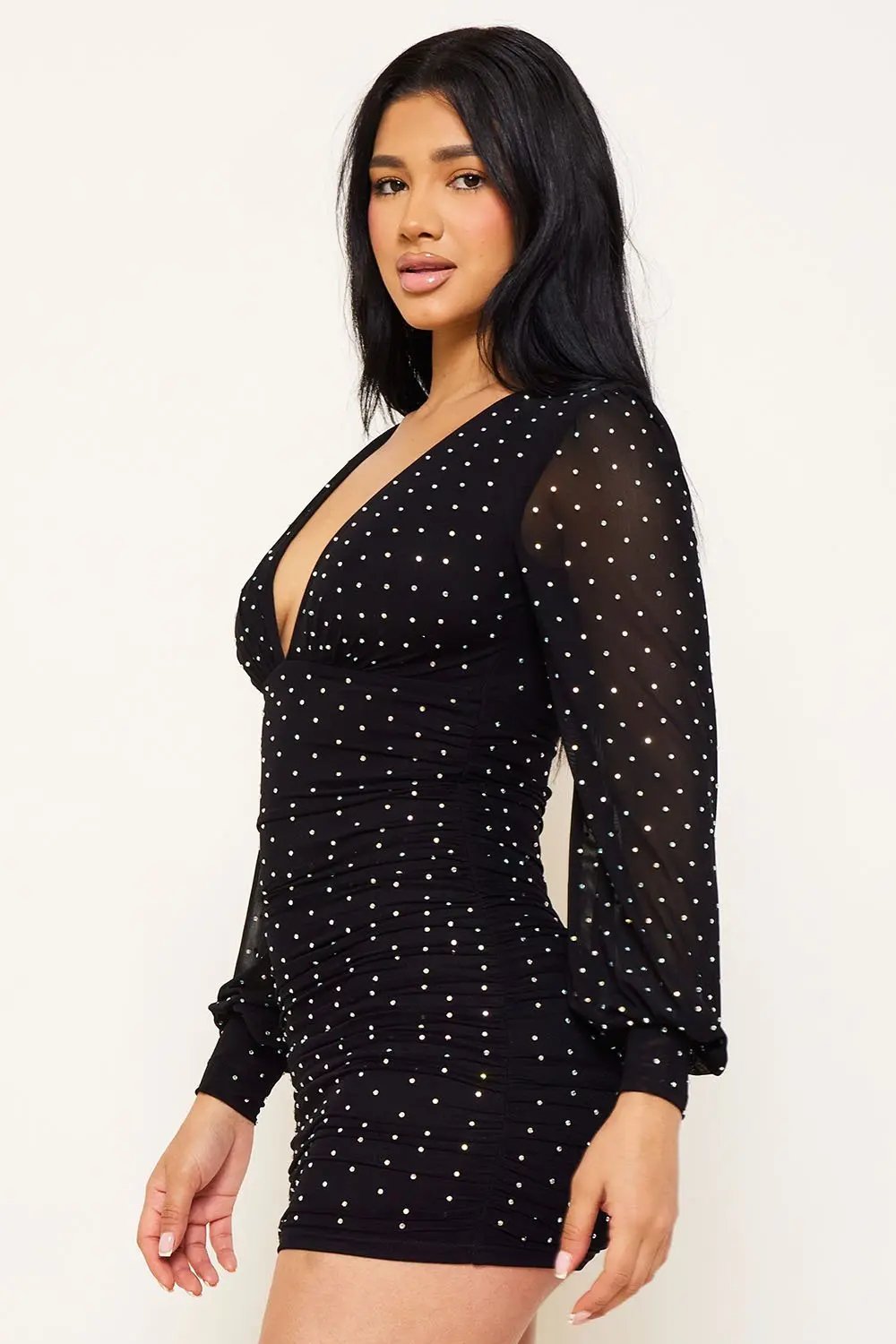 Rhinestone Mesh Mini Dress - Pleated V Neck Long Sleeve BOUTINIE