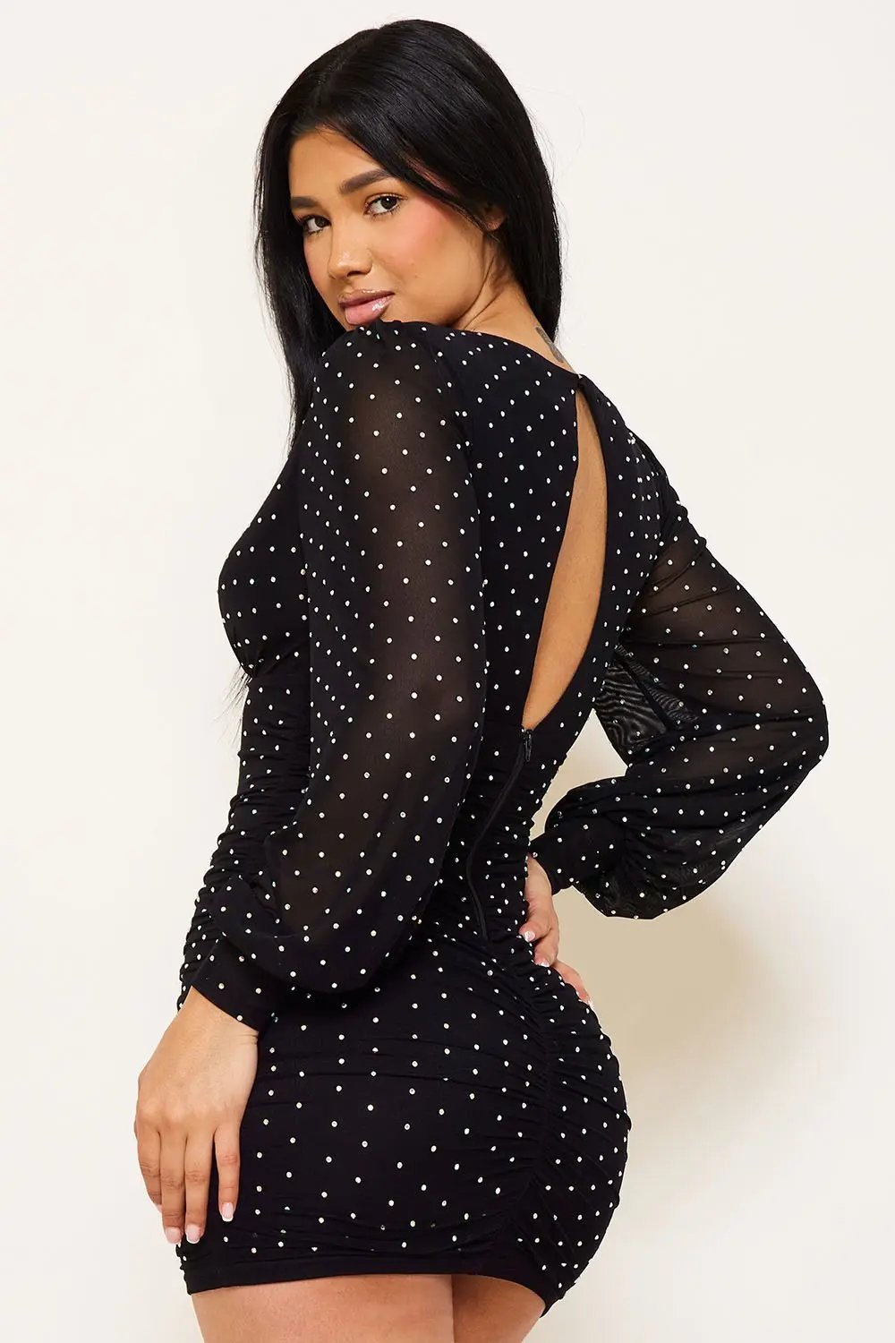 Rhinestone Mesh Mini Dress - Pleated V Neck Long Sleeve BOUTINIE