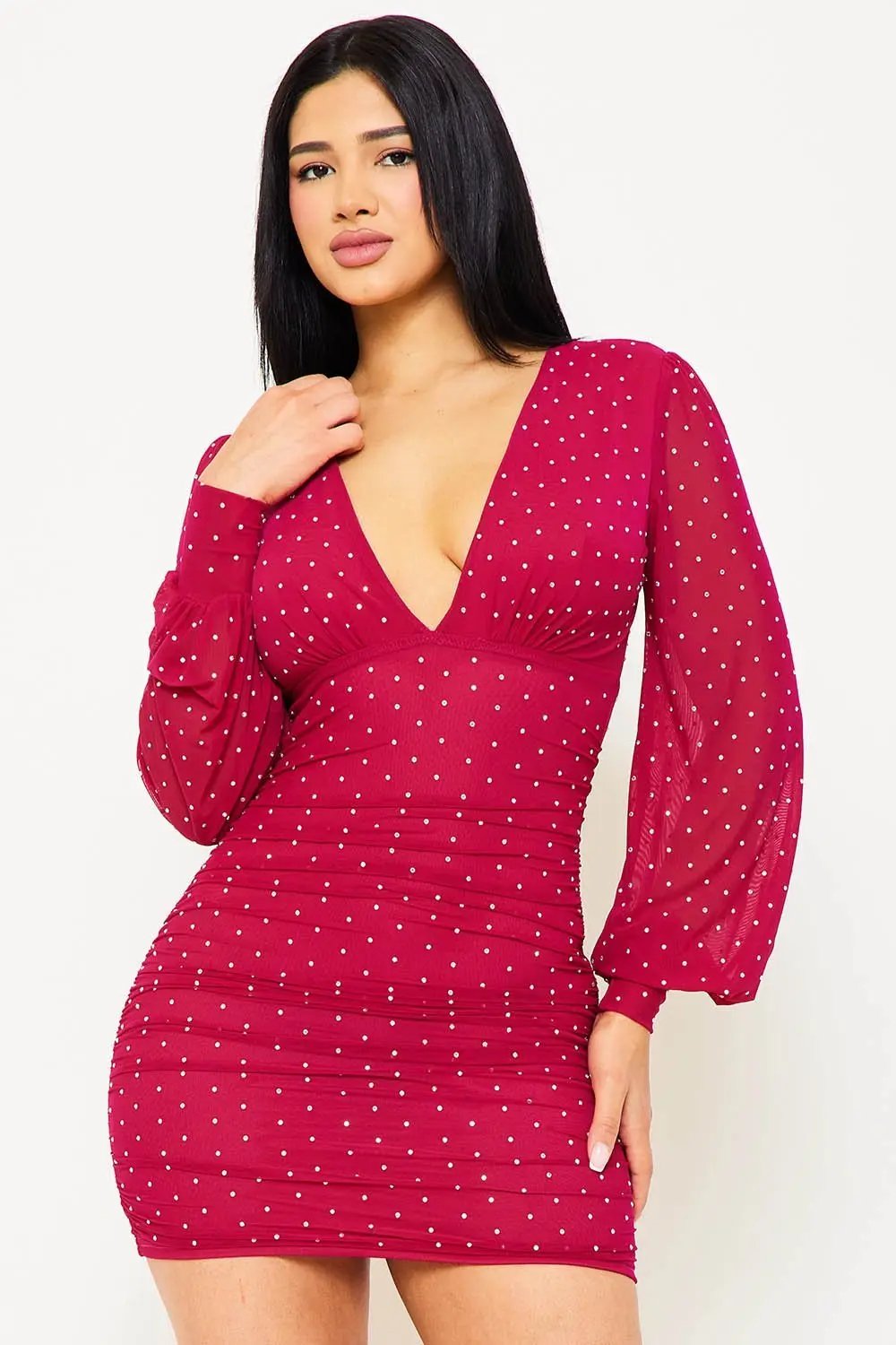 Rhinestone Mesh Mini Dress - Pleated V Neck Long Sleeve BOUTINIE