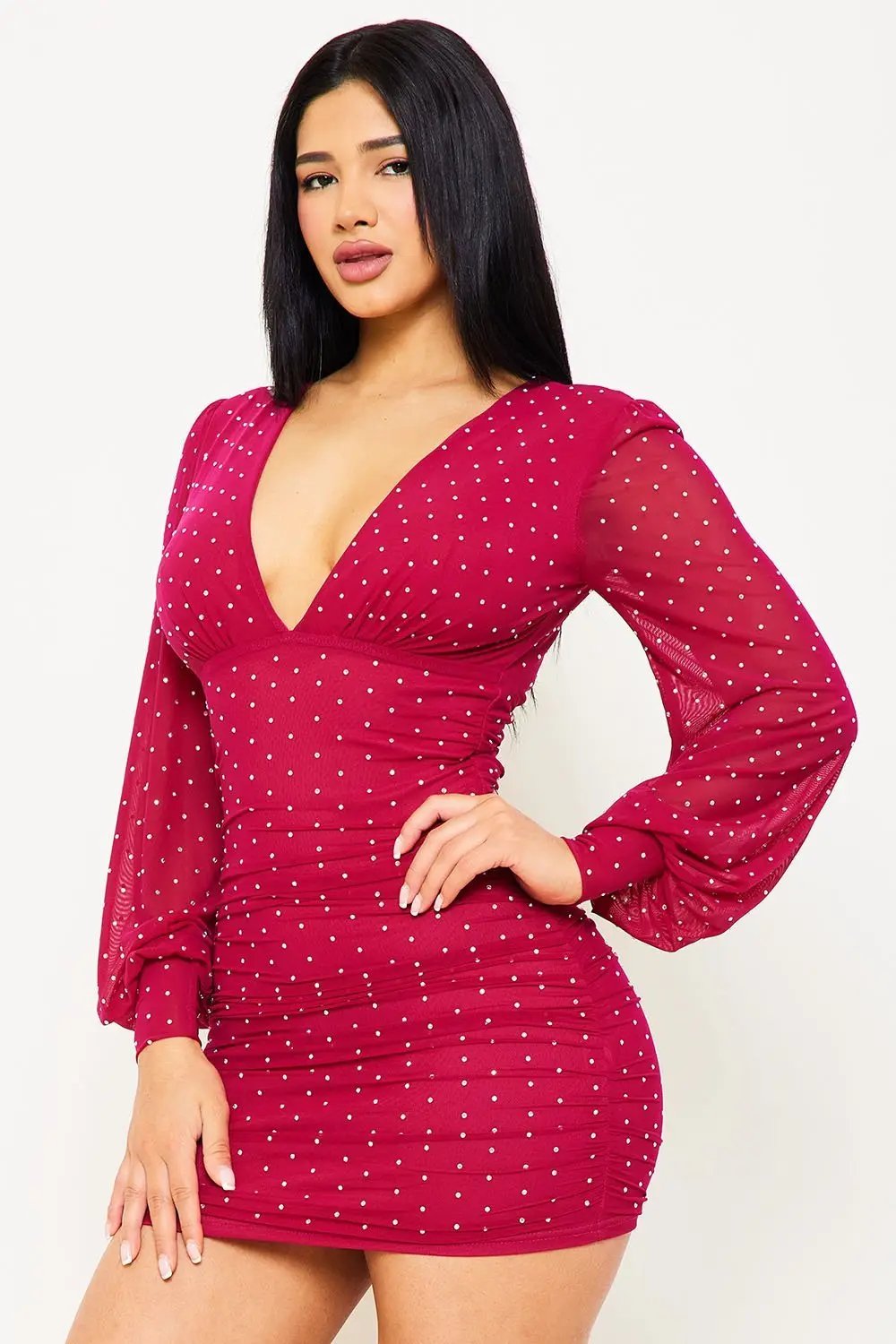 Rhinestone Mesh Mini Dress - Pleated V Neck Long Sleeve BOUTINIE