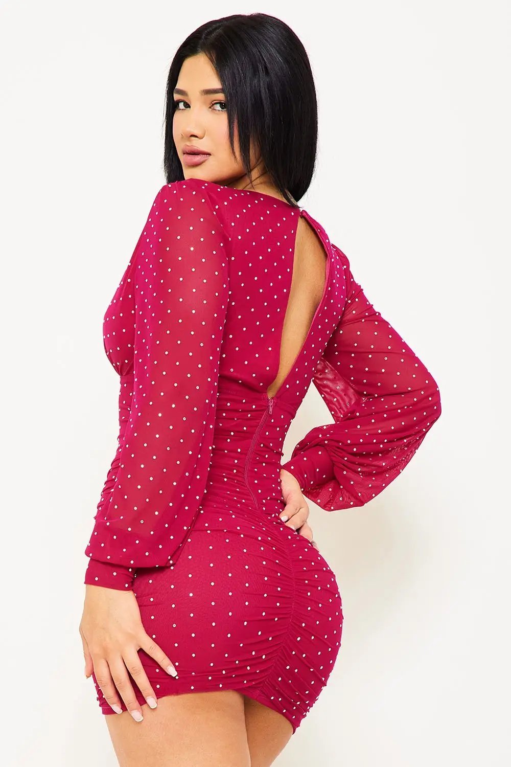 Rhinestone Mesh Mini Dress - Pleated V Neck Long Sleeve BOUTINIE