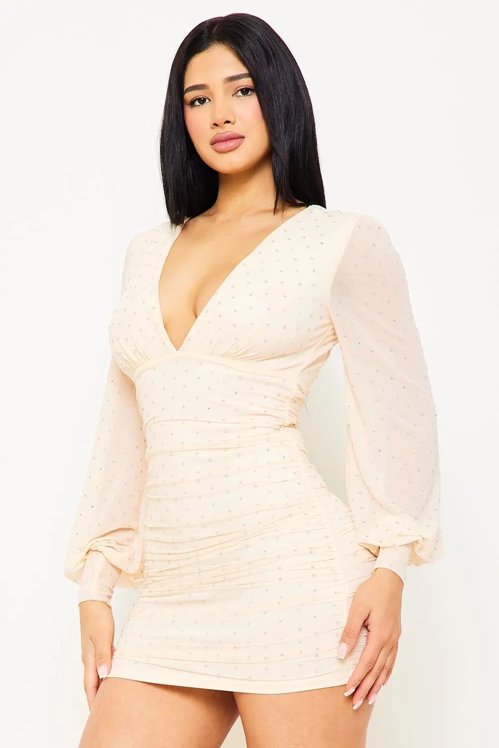Rhinestone Mesh Mini Dress - Pleated V Neck Long Sleeve BOUTINIE