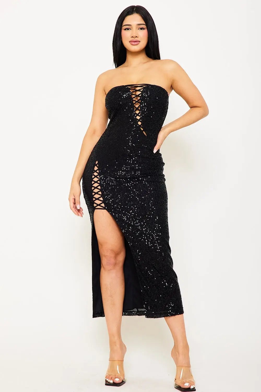Sequin Midi Dress | Stretch Fabric & Criss Cross Detail BOUTINIE