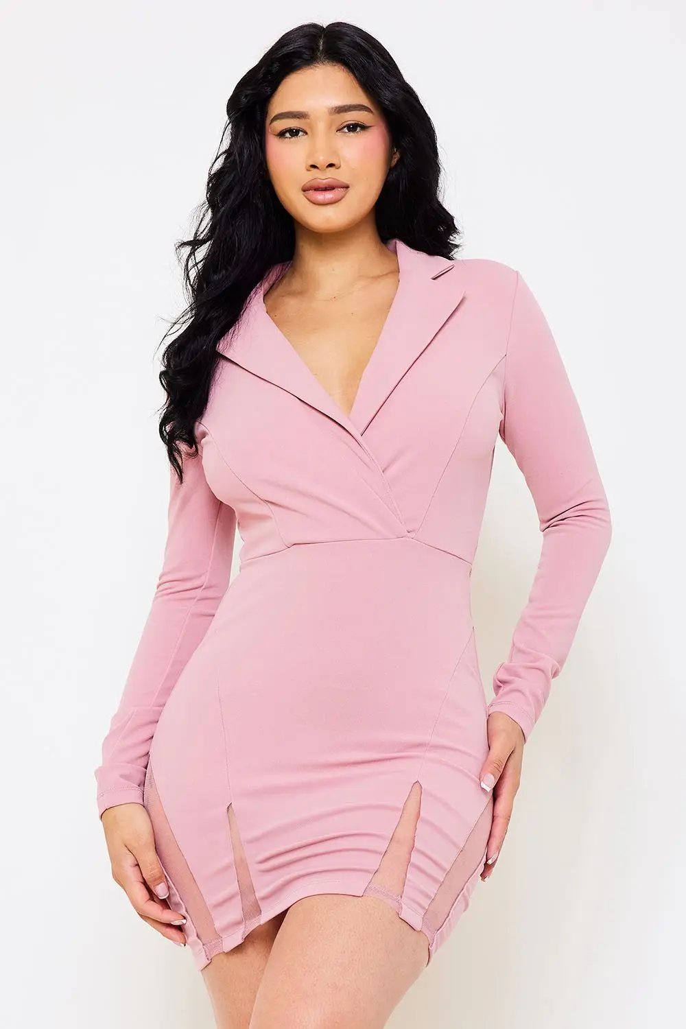 Open Back Mini Dress With Long Sleeve & Mesh Hem Detail BOUTINIE