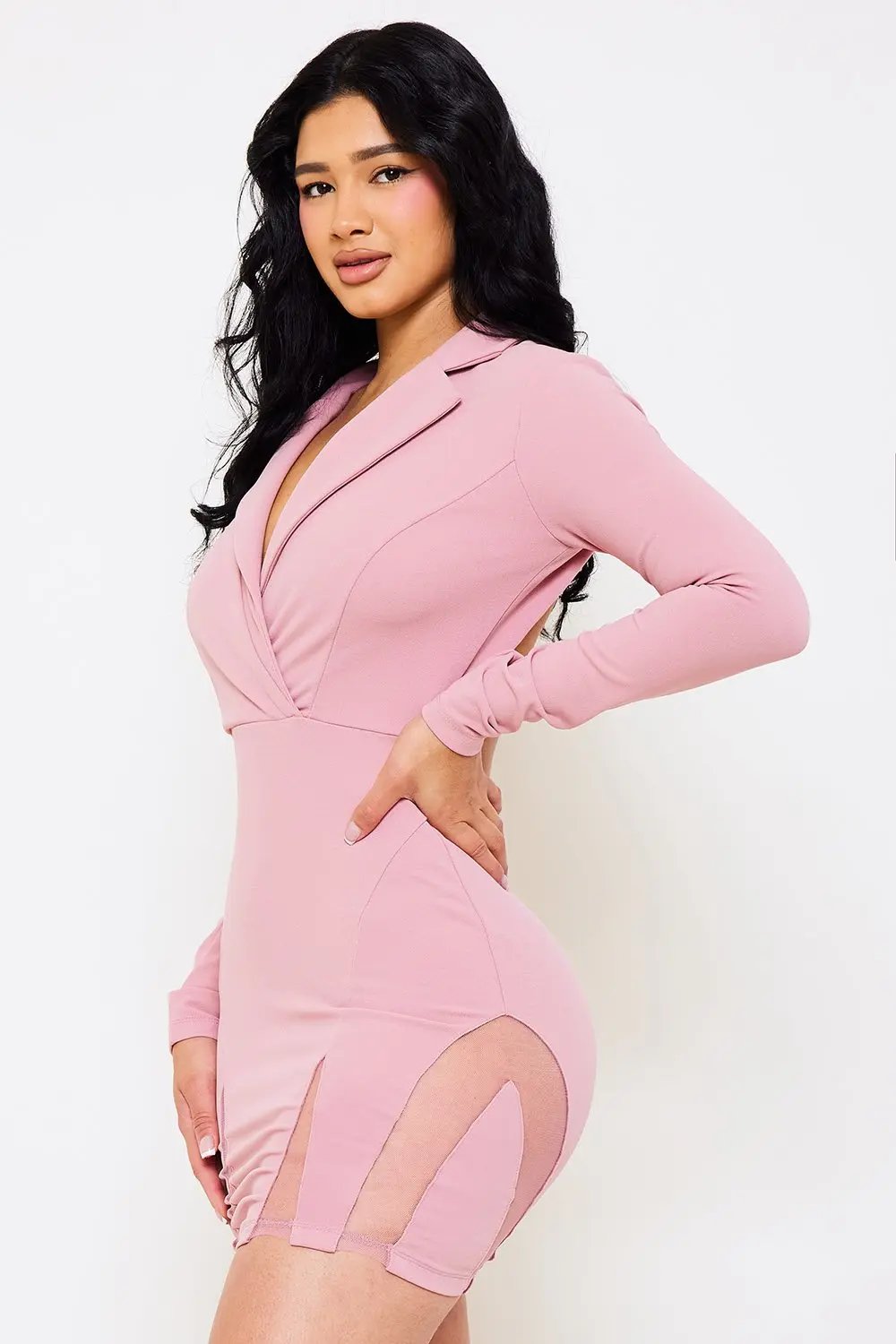 Open Back Mini Dress With Long Sleeve & Mesh Hem Detail BOUTINIE