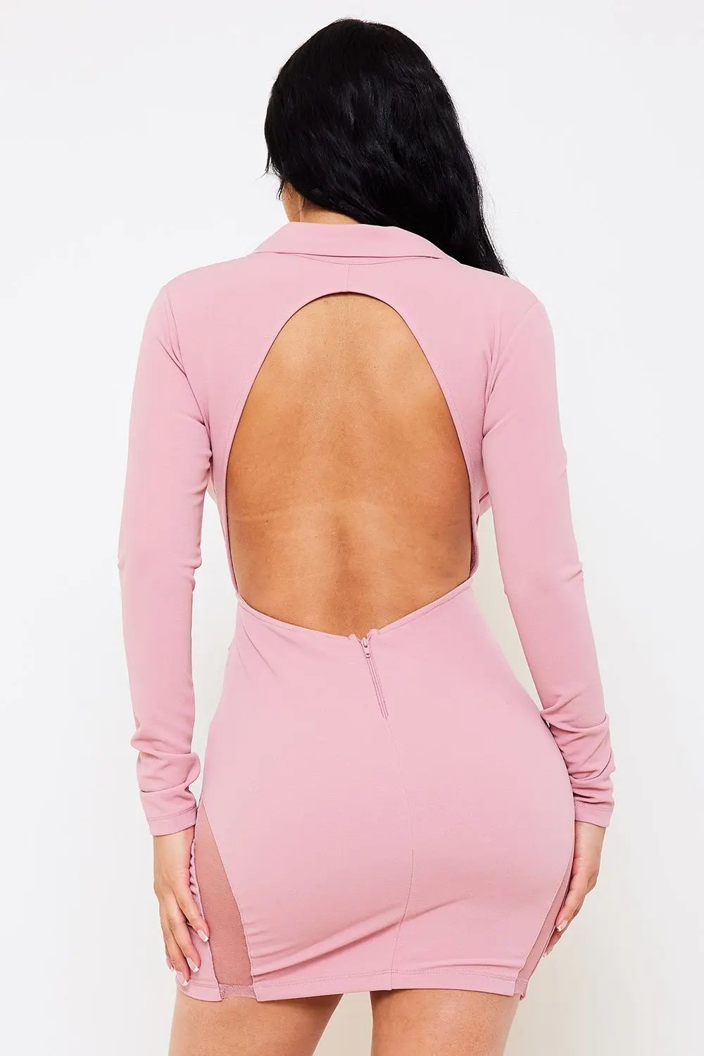 Open Back Mini Dress With Long Sleeve & Mesh Hem Detail BOUTINIE
