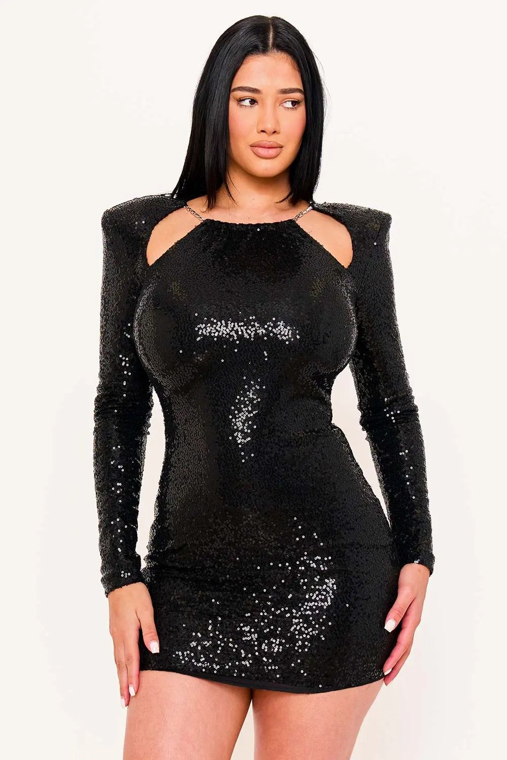 Sequin Mini Dress With Shoulder Pads - Metal Chain Neckline Evening Wear BOUTINIE
