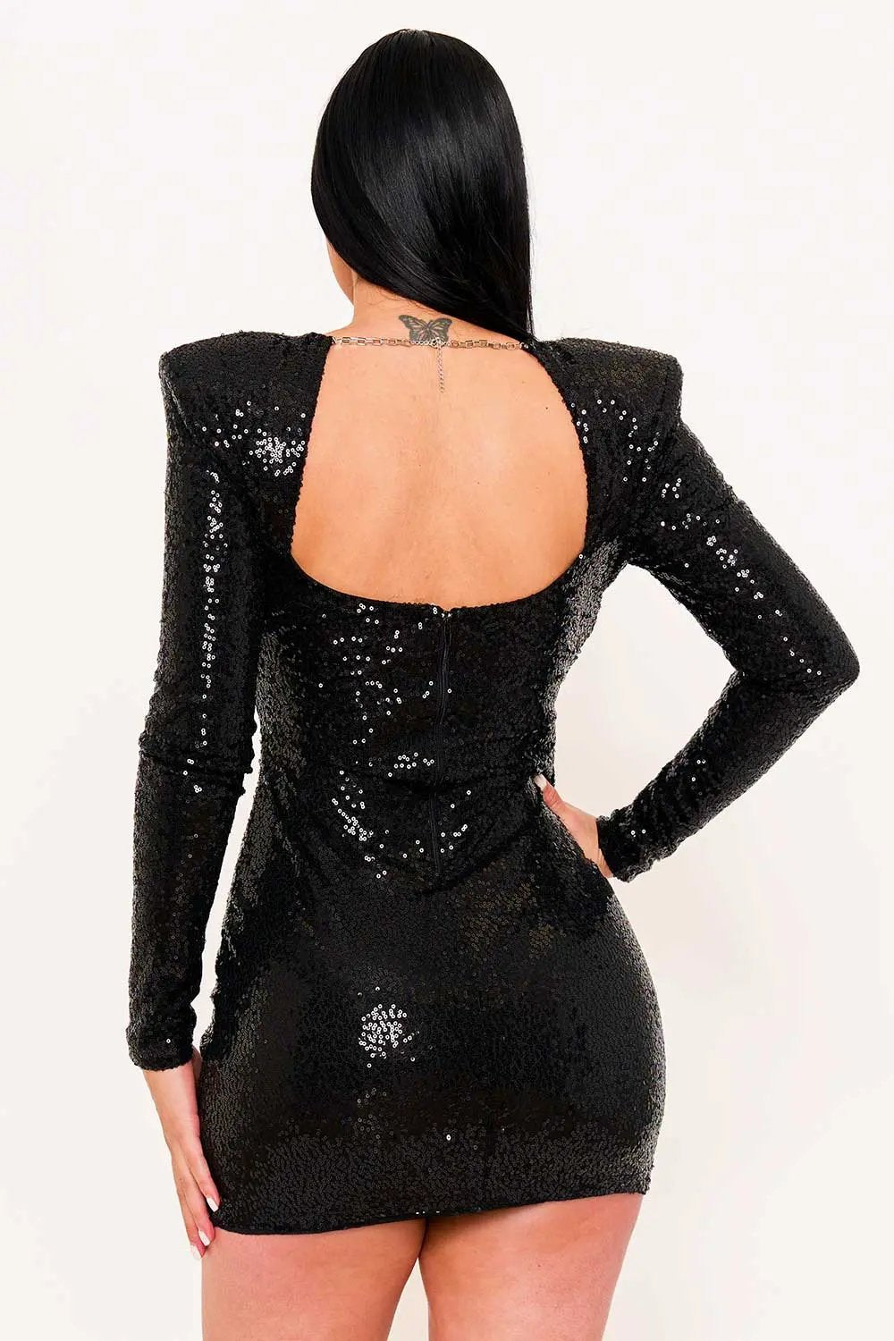 Sequin Mini Dress With Shoulder Pads - Metal Chain Neckline Evening Wear BOUTINIE