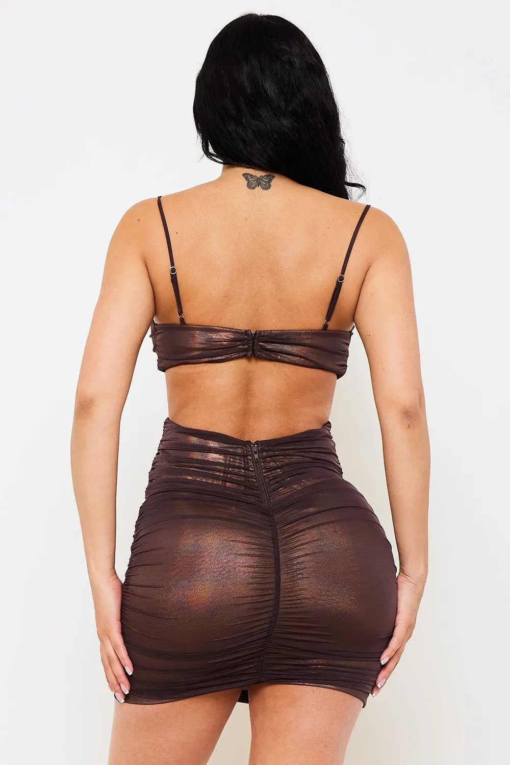 Metallic Mini Dress – Ruched Cutout Spaghetti Strap Party Wear BOUTINIE