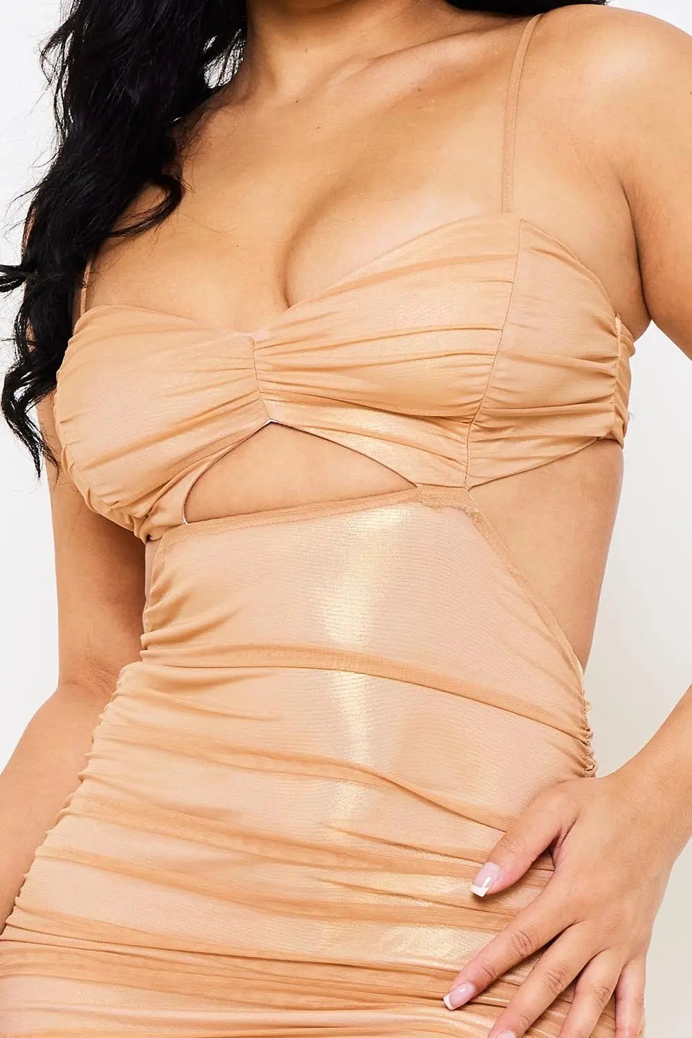 Metallic Mini Dress – Ruched Cutout Spaghetti Strap Party Wear BOUTINIE