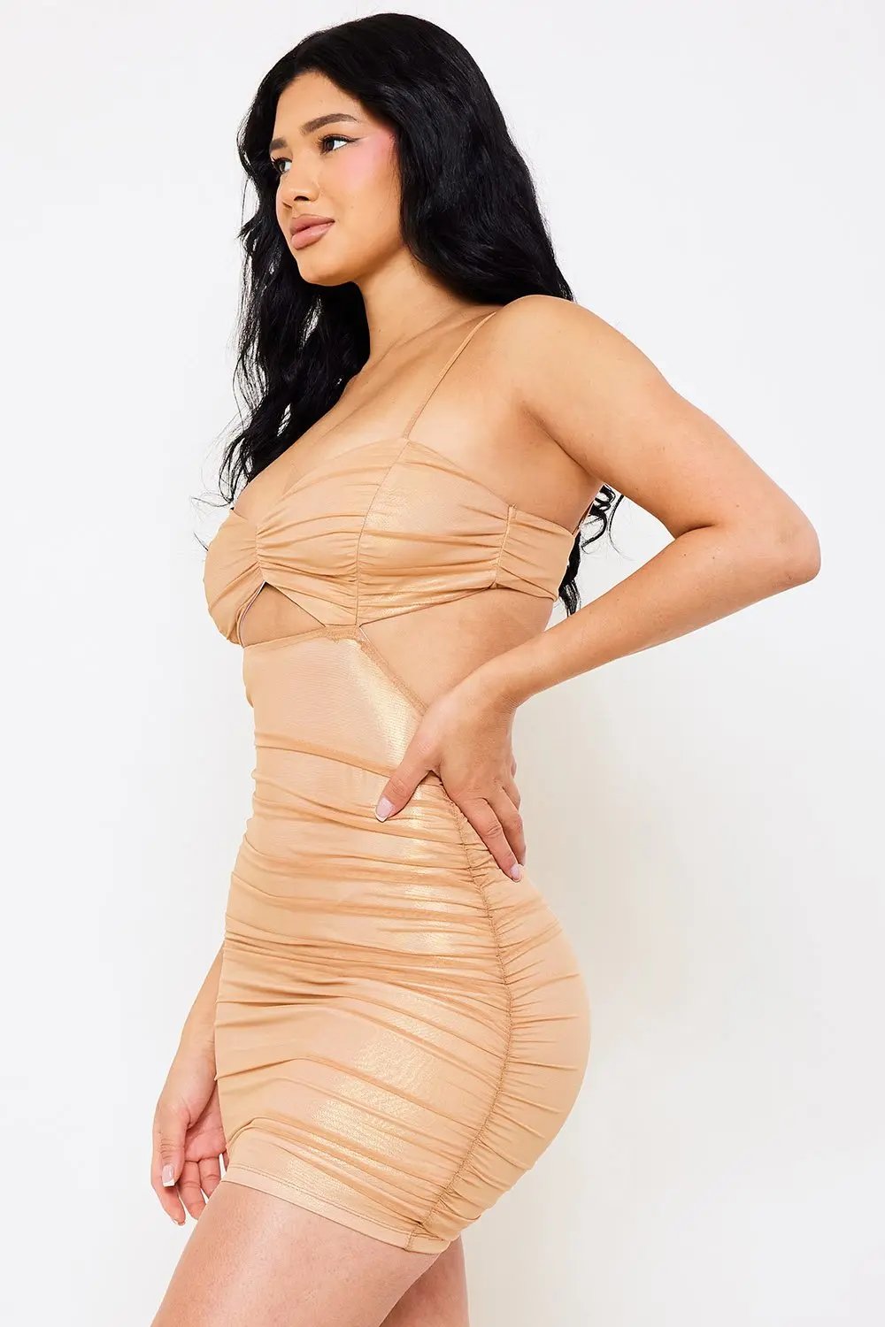 Metallic Mini Dress – Ruched Cutout Spaghetti Strap Party Wear BOUTINIE