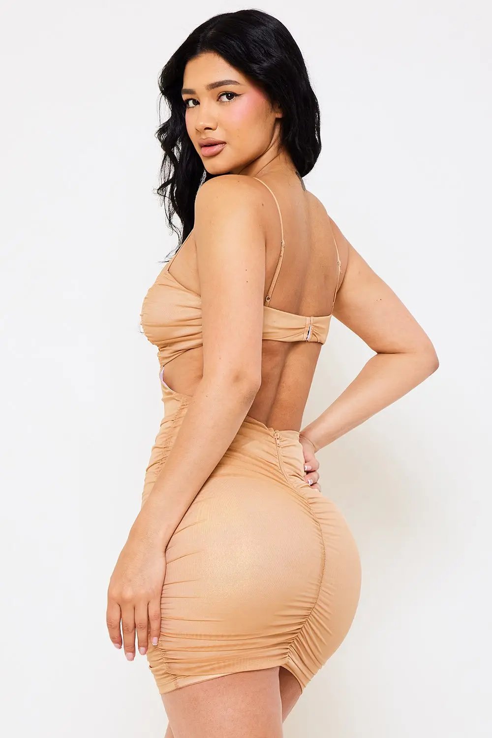 Metallic Mini Dress – Ruched Cutout Spaghetti Strap Party Wear BOUTINIE