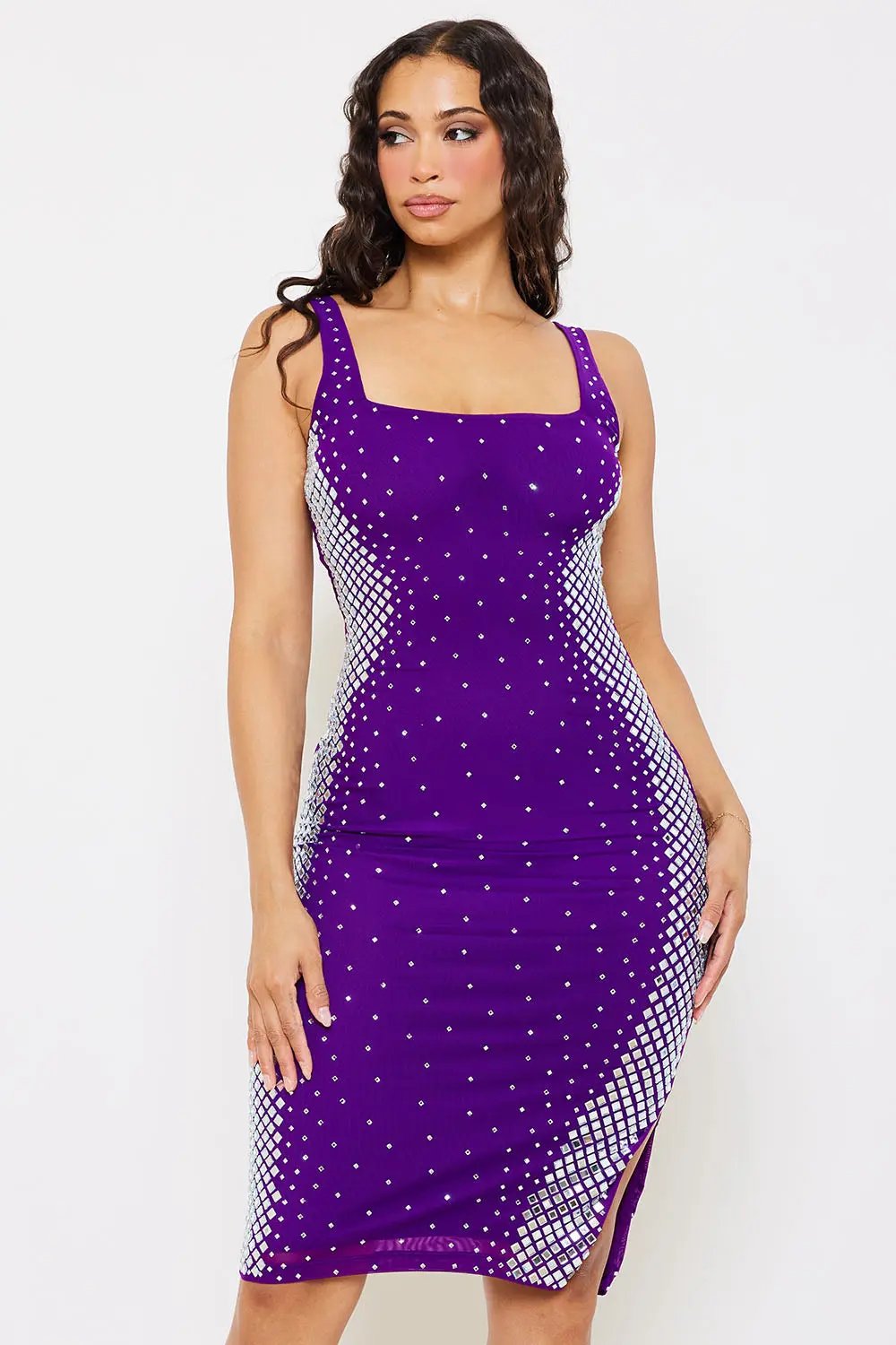 Rhinestone Midi Dress – Square Neck Slip-On Evening Dress BOUTINIE