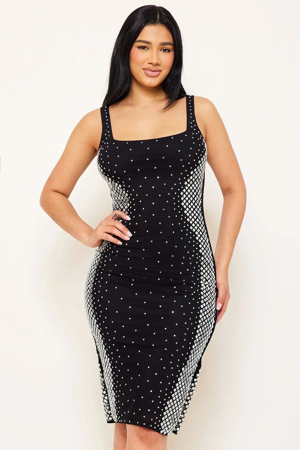 Rhinestone Midi Dress – Square Neck Slip-On Evening Dress BOUTINIE