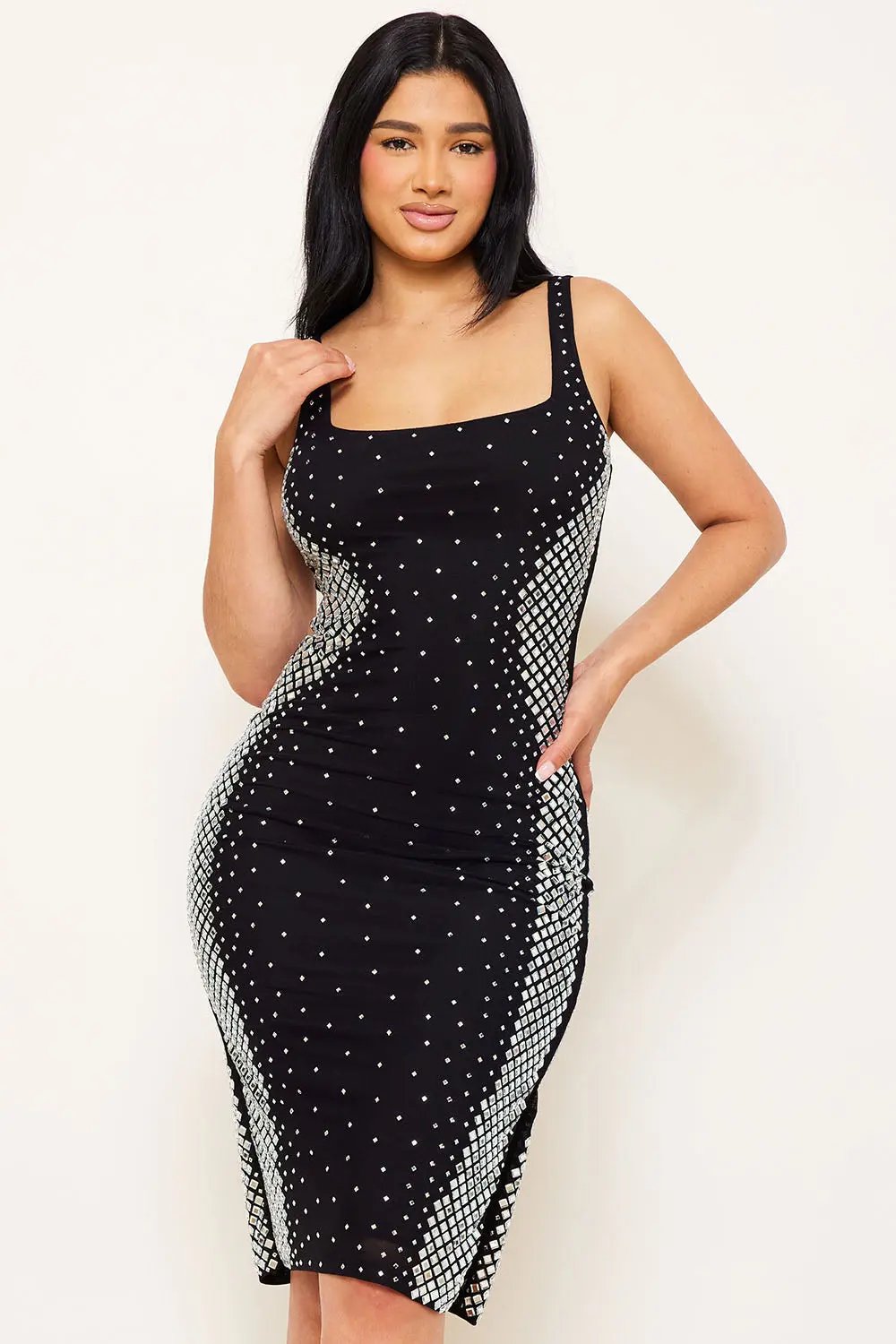 Rhinestone Midi Dress – Square Neck Slip-On Evening Dress BOUTINIE