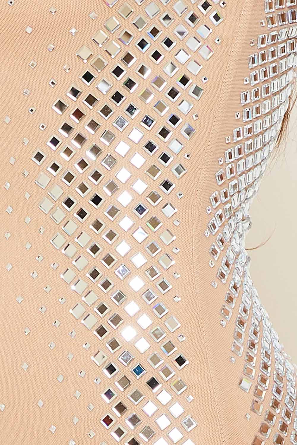 Rhinestone Midi Dress – Square Neck Slip-On Evening Dress BOUTINIE