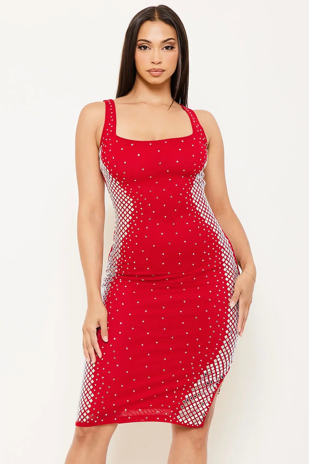 Rhinestone Midi Dress – Square Neck Slip-On Evening Dress BOUTINIE