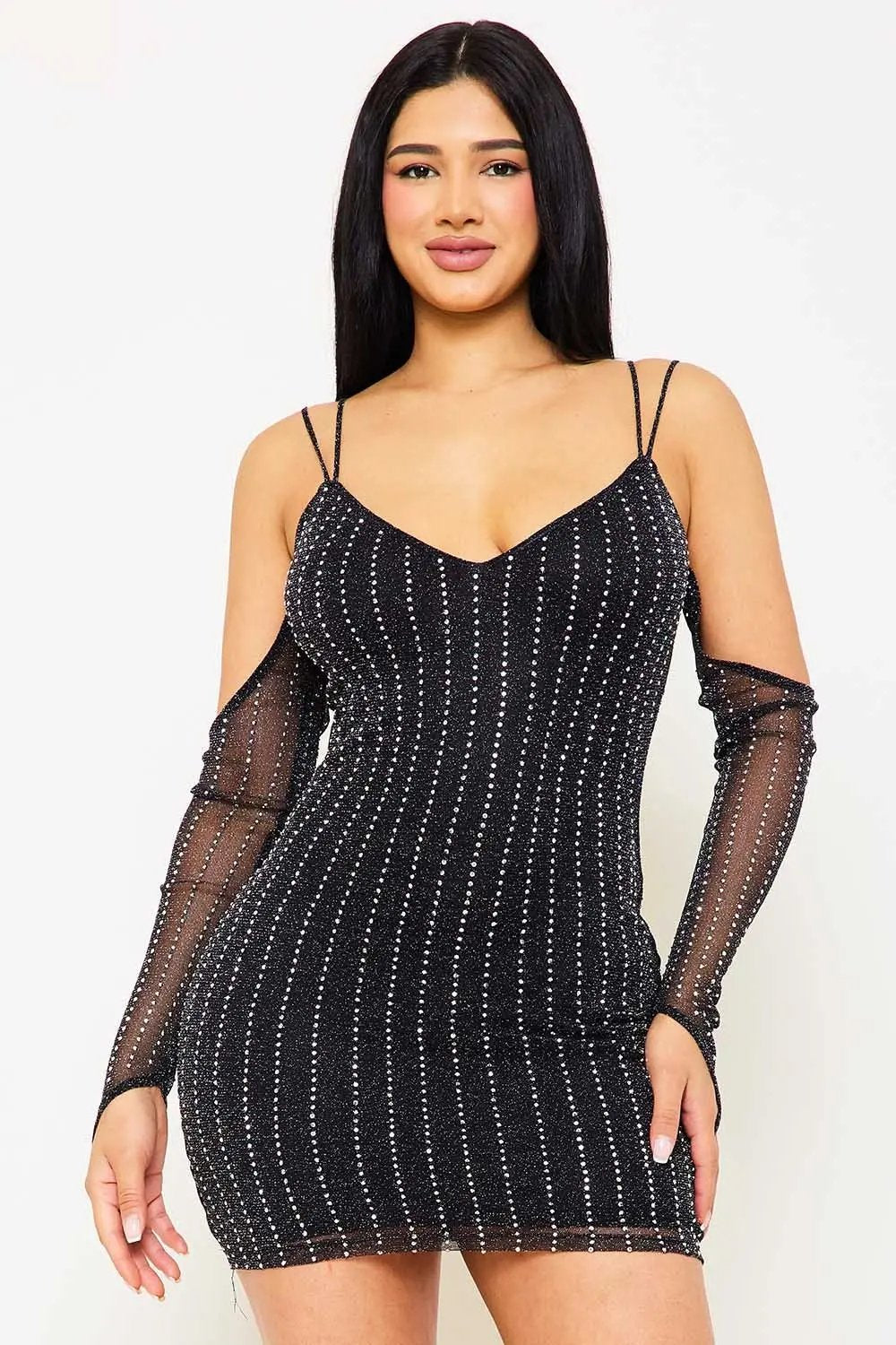 Rhinestone Mini Dress - Open Shoulder V Neck Zipper Back BOUTINIE