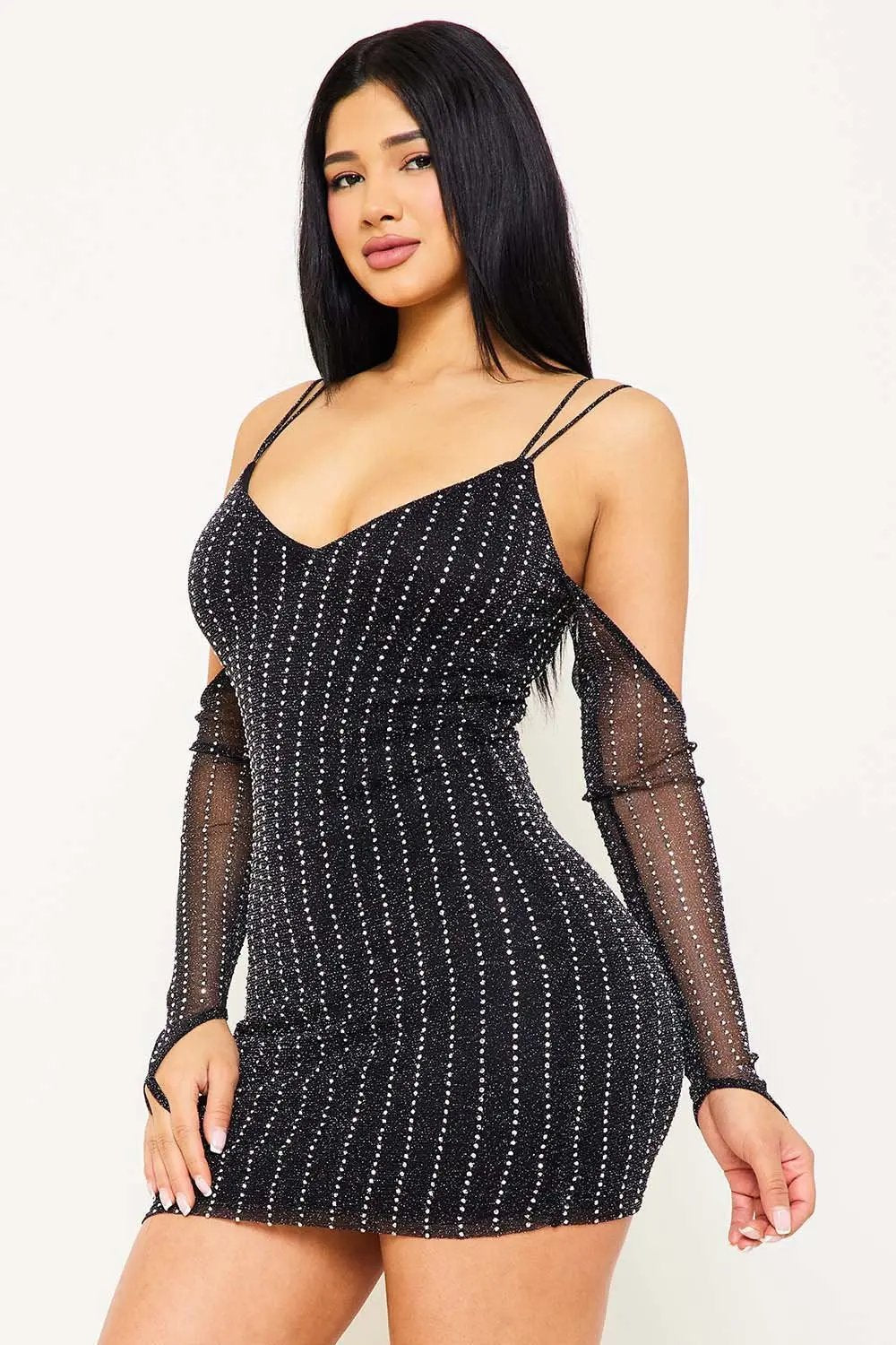Rhinestone Mini Dress - Open Shoulder V Neck Zipper Back BOUTINIE