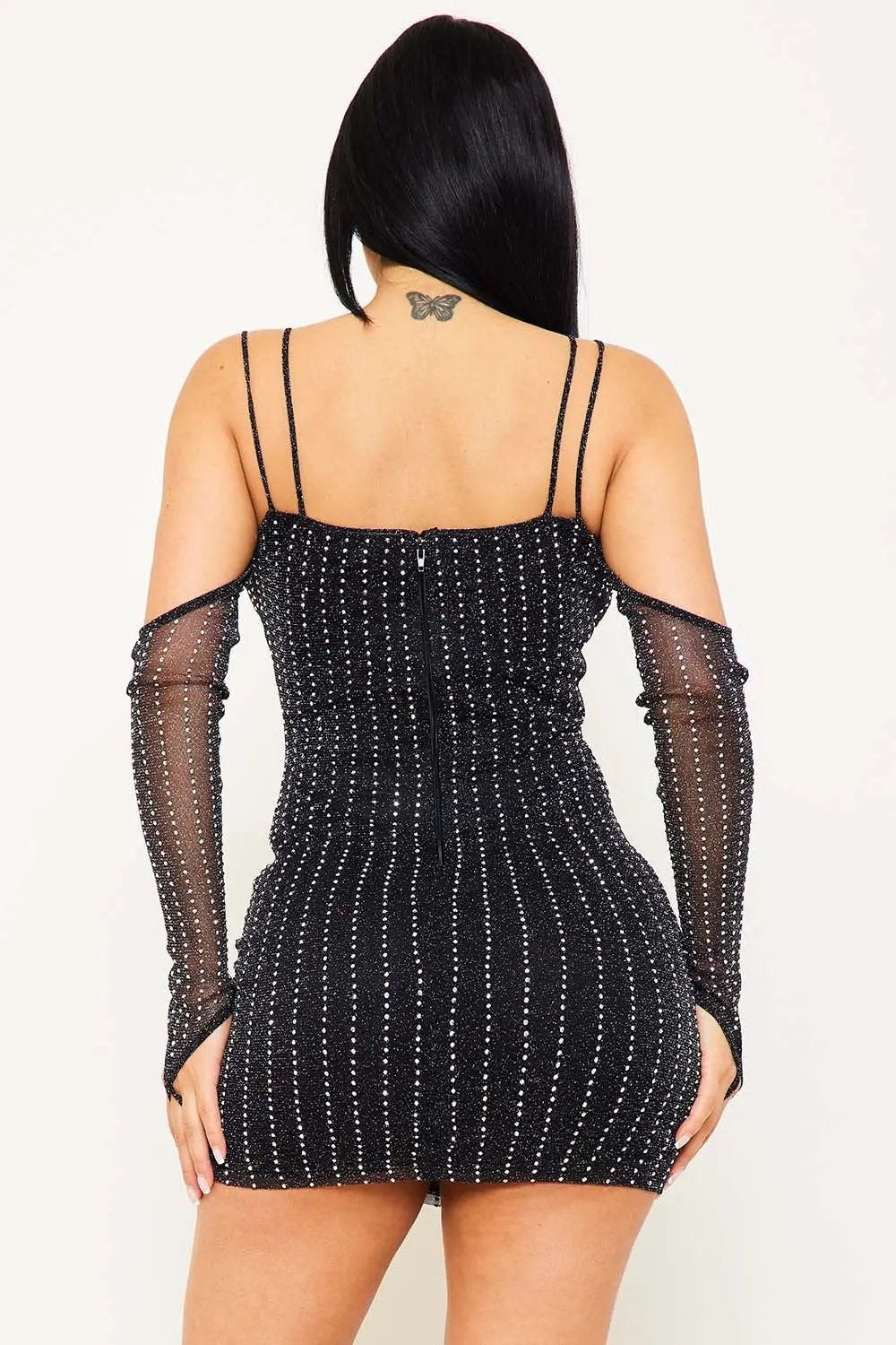 Rhinestone Mini Dress - Open Shoulder V Neck Zipper Back BOUTINIE