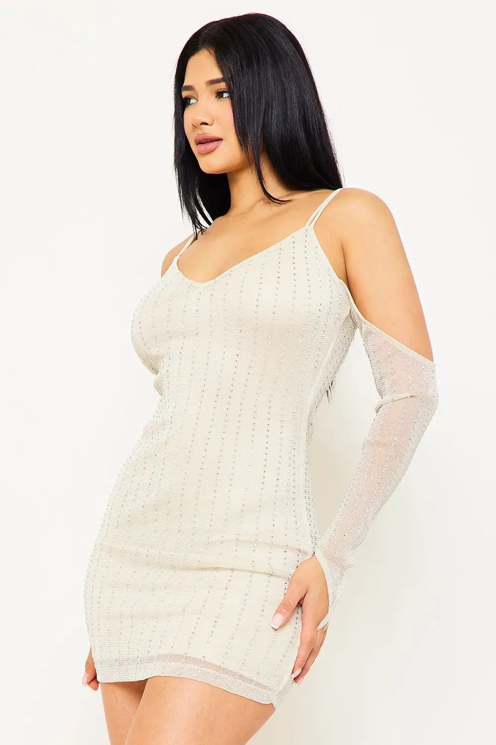 Rhinestone Mini Dress - Open Shoulder V Neck Zipper Back BOUTINIE