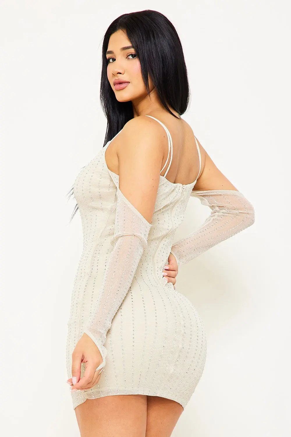 Rhinestone Mini Dress - Open Shoulder V Neck Zipper Back BOUTINIE