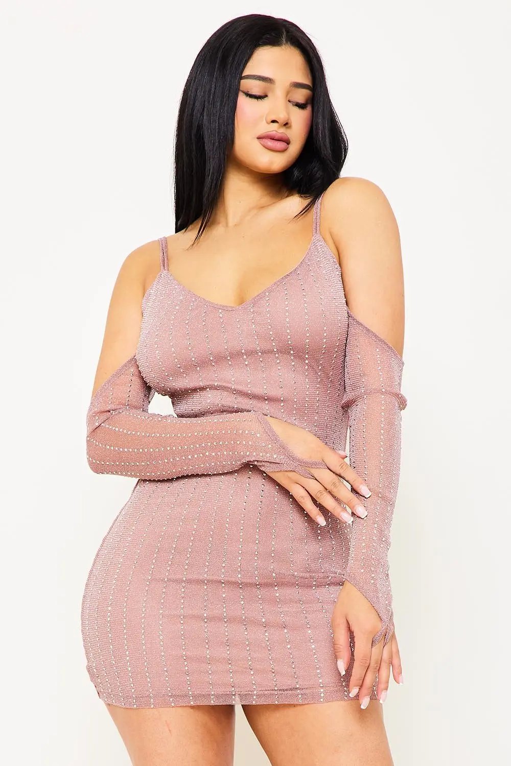 Rhinestone Mini Dress - Open Shoulder V Neck Zipper Back BOUTINIE