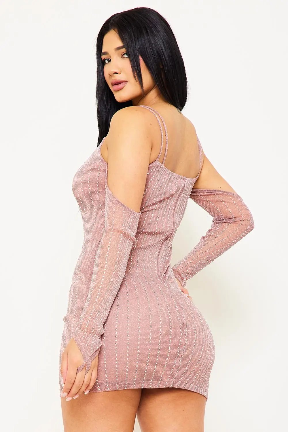 Rhinestone Mini Dress - Open Shoulder V Neck Zipper Back BOUTINIE