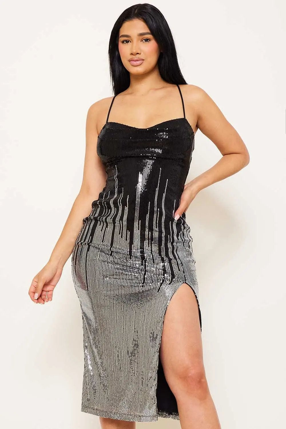 Sequin Midi Dress – Two-Town Pleated Spaghetti Strap Dress BOUTINIE