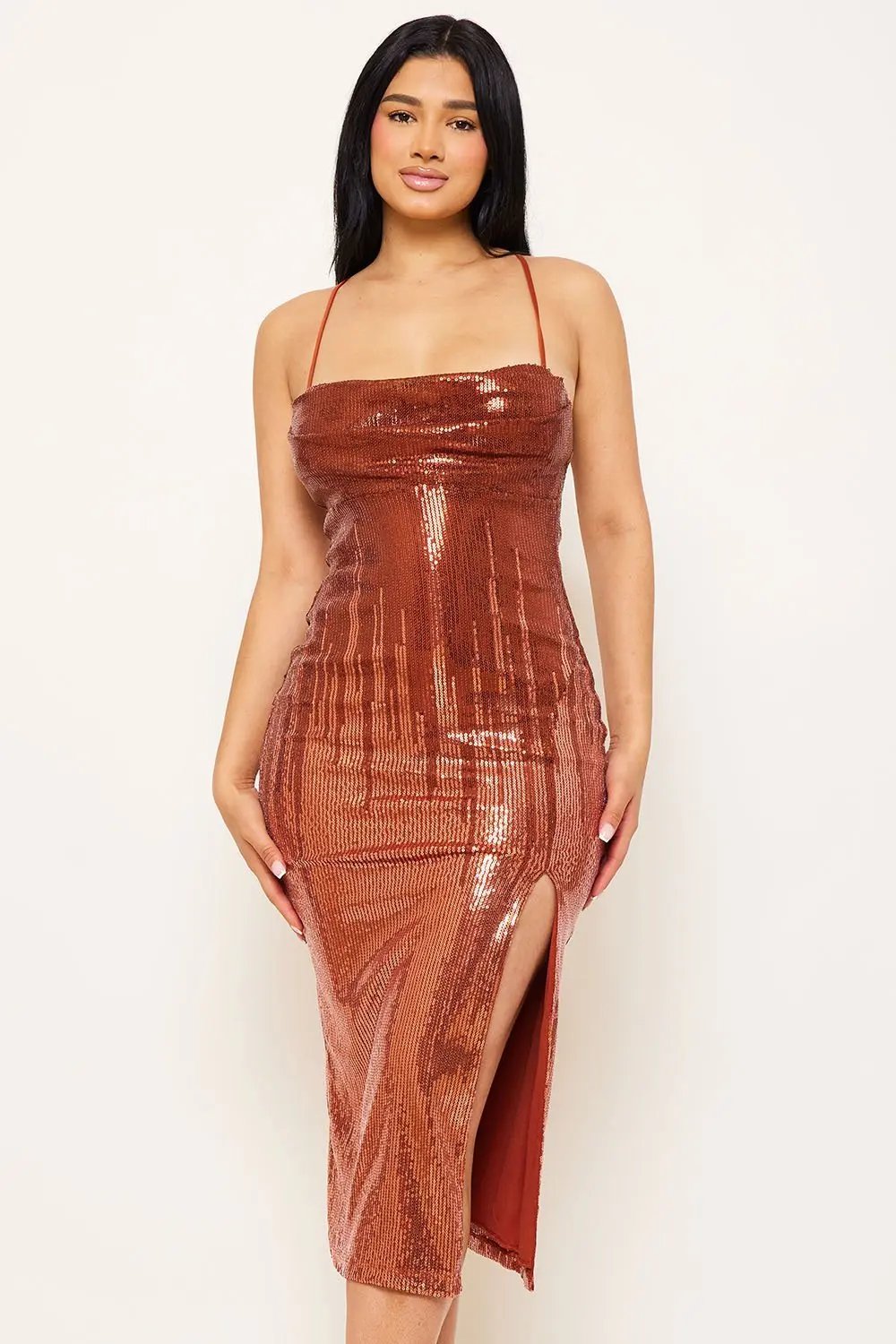Sequin Midi Dress – Two-Town Pleated Spaghetti Strap Dress BOUTINIE