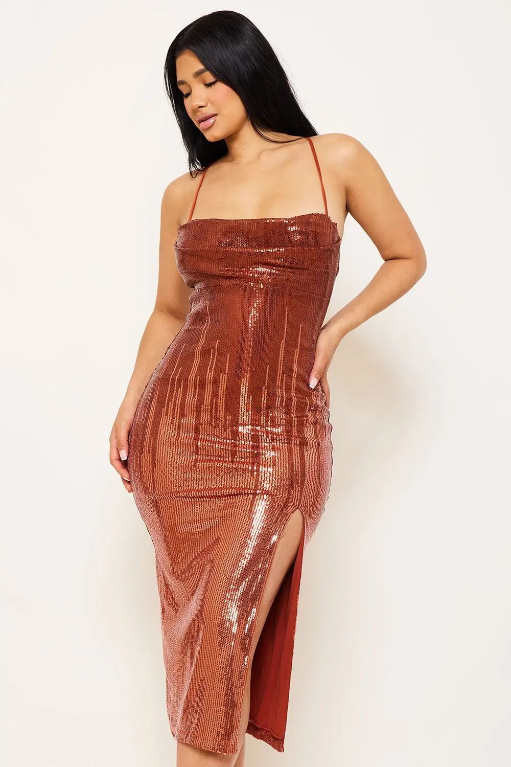 Sequin Midi Dress – Two-Town Pleated Spaghetti Strap Dress BOUTINIE