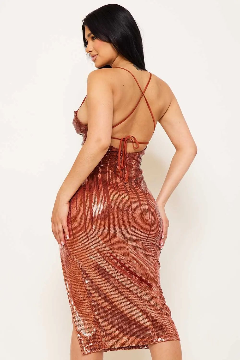 Sequin Midi Dress – Two-Town Pleated Spaghetti Strap Dress BOUTINIE