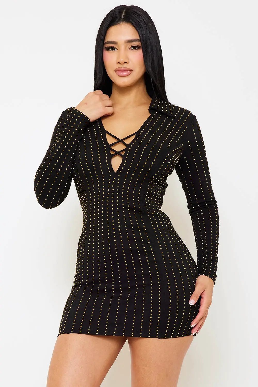 Rhinestone Mini Dress - Vertical Stripe Zipper Back Party Dress BOUTINIE