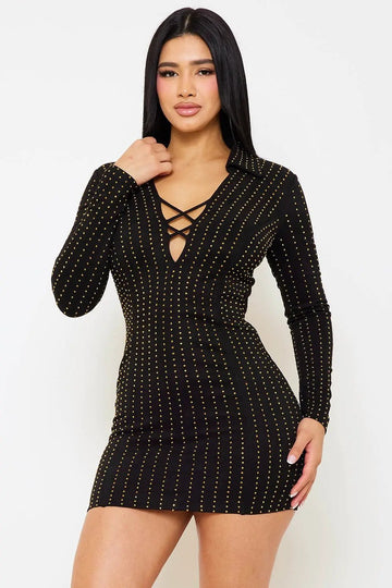 Rhinestone Mini Dress - Vertical Stripe Zipper Back Party Dress BOUTINIE