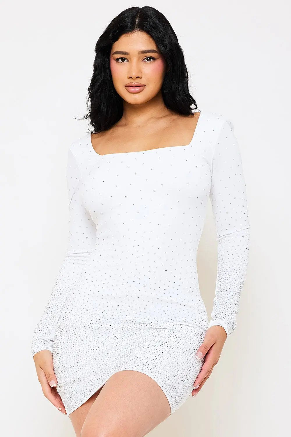 Rhinestone Mini Dress | Long Sleeve Low Back Party Dress BOUTINIE