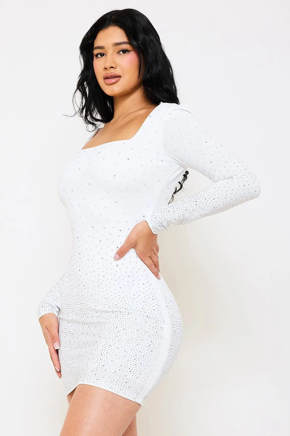Rhinestone Mini Dress | Long Sleeve Low Back Party Dress BOUTINIE