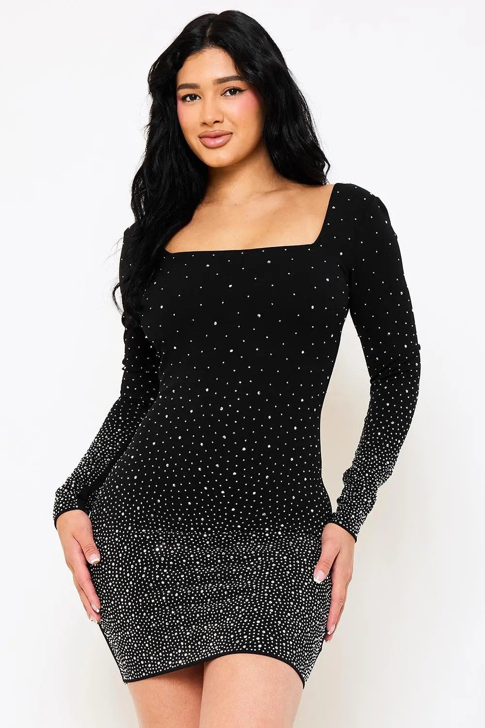 Rhinestone Mini Dress | Long Sleeve Low Back Party Dress BOUTINIE