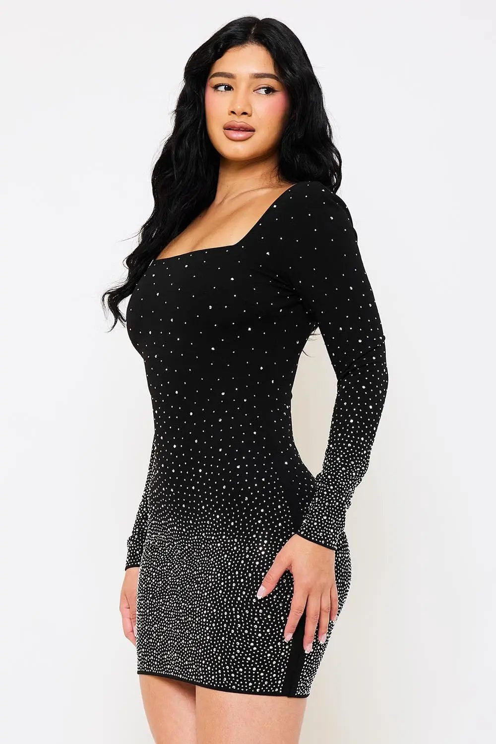 Rhinestone Mini Dress | Long Sleeve Low Back Party Dress BOUTINIE