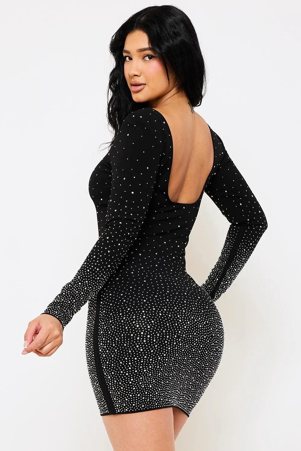 Rhinestone Mini Dress | Long Sleeve Low Back Party Dress BOUTINIE