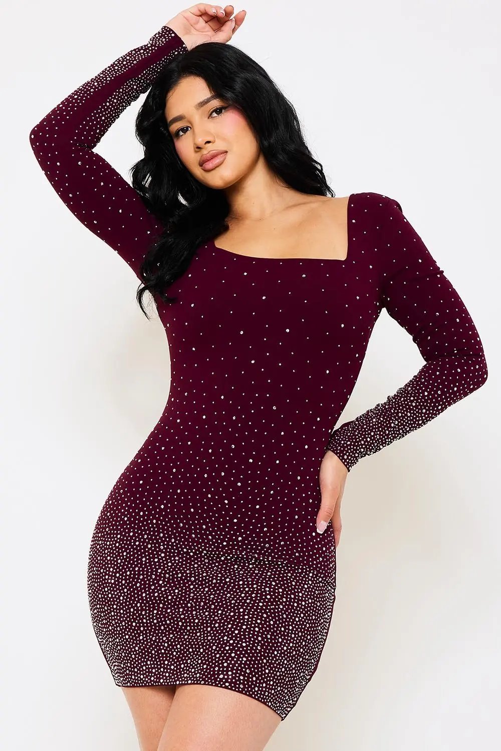 Rhinestone Mini Dress | Long Sleeve Low Back Party Dress BOUTINIE