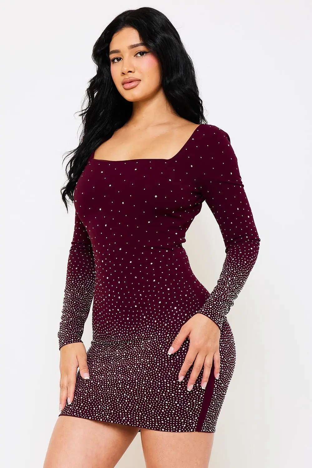 Rhinestone Mini Dress | Long Sleeve Low Back Party Dress BOUTINIE