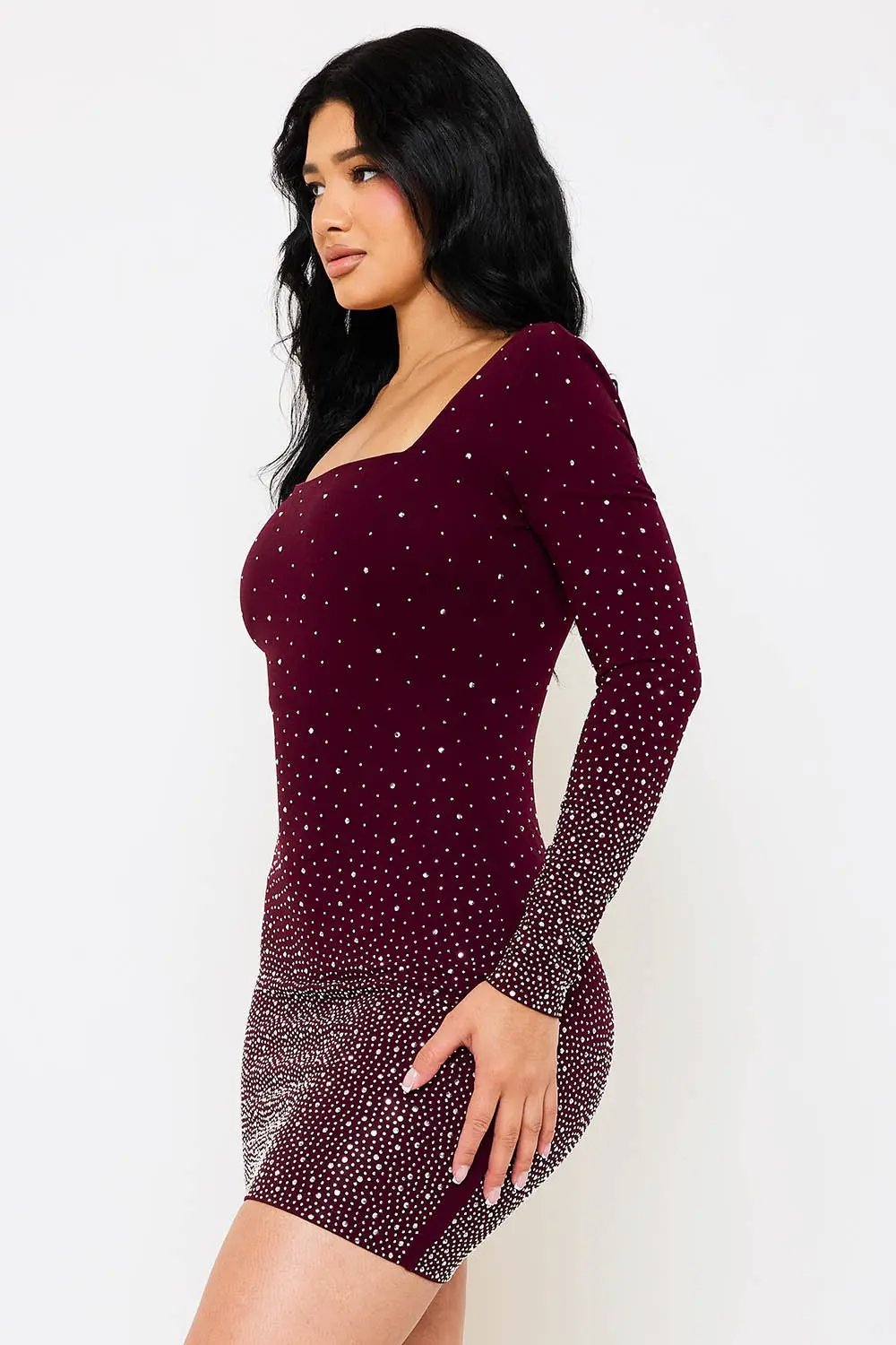 Rhinestone Mini Dress | Long Sleeve Low Back Party Dress BOUTINIE