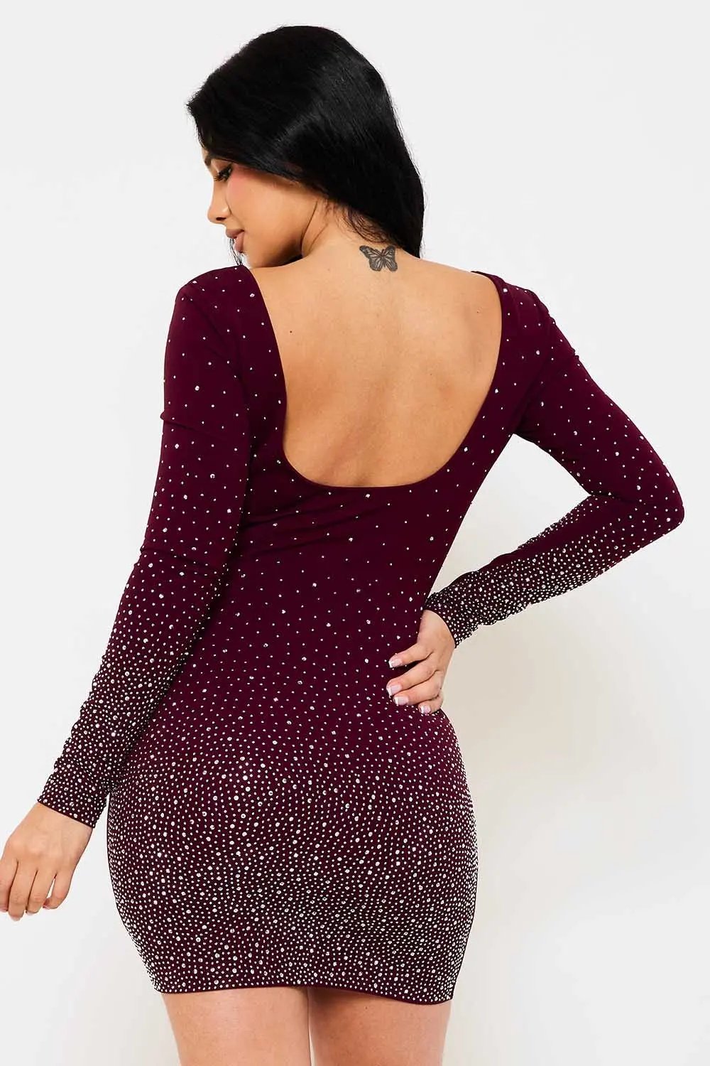 Rhinestone Mini Dress | Long Sleeve Low Back Party Dress BOUTINIE