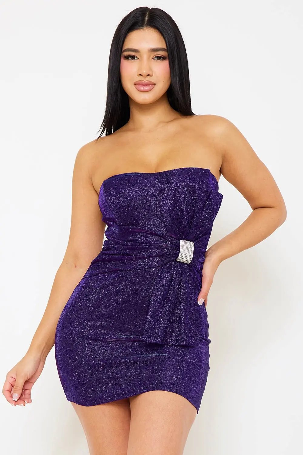 Glitter Tube Top Dress - Mini Party Dress With Rhinestone Detail BOUTINIE