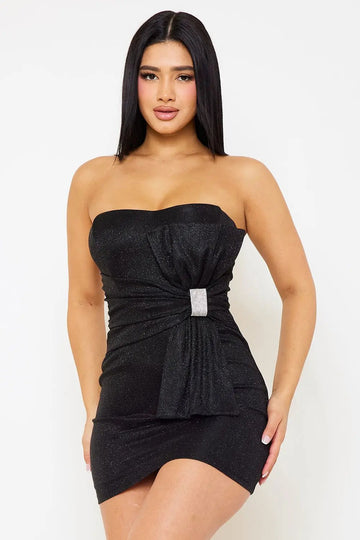 Glitter Tube Top Dress - Mini Party Dress With Rhinestone Detail BOUTINIE
