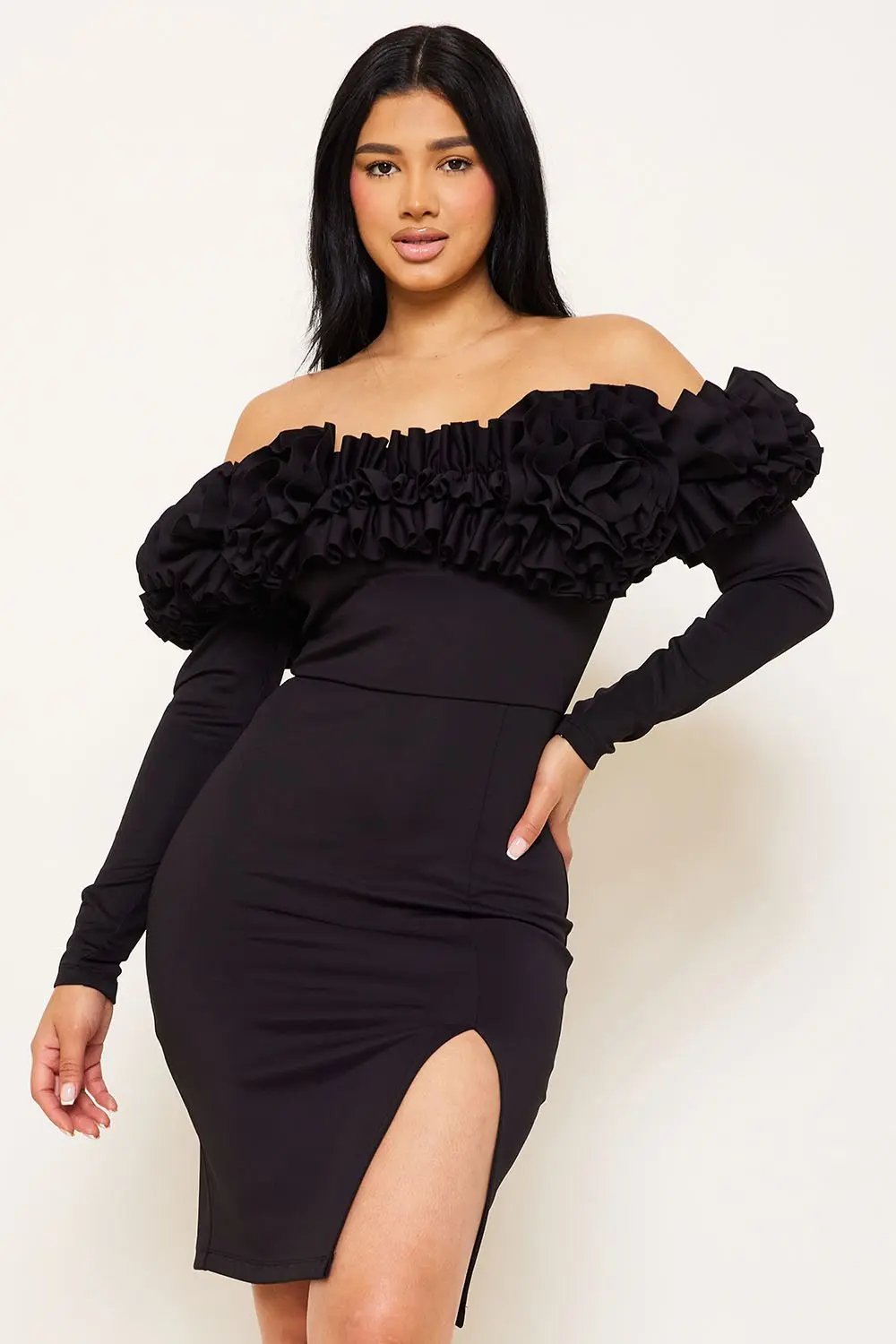 Off Shoulder Midi Dress With Ruffle Sleeve & Zipper Back BOUTINIE