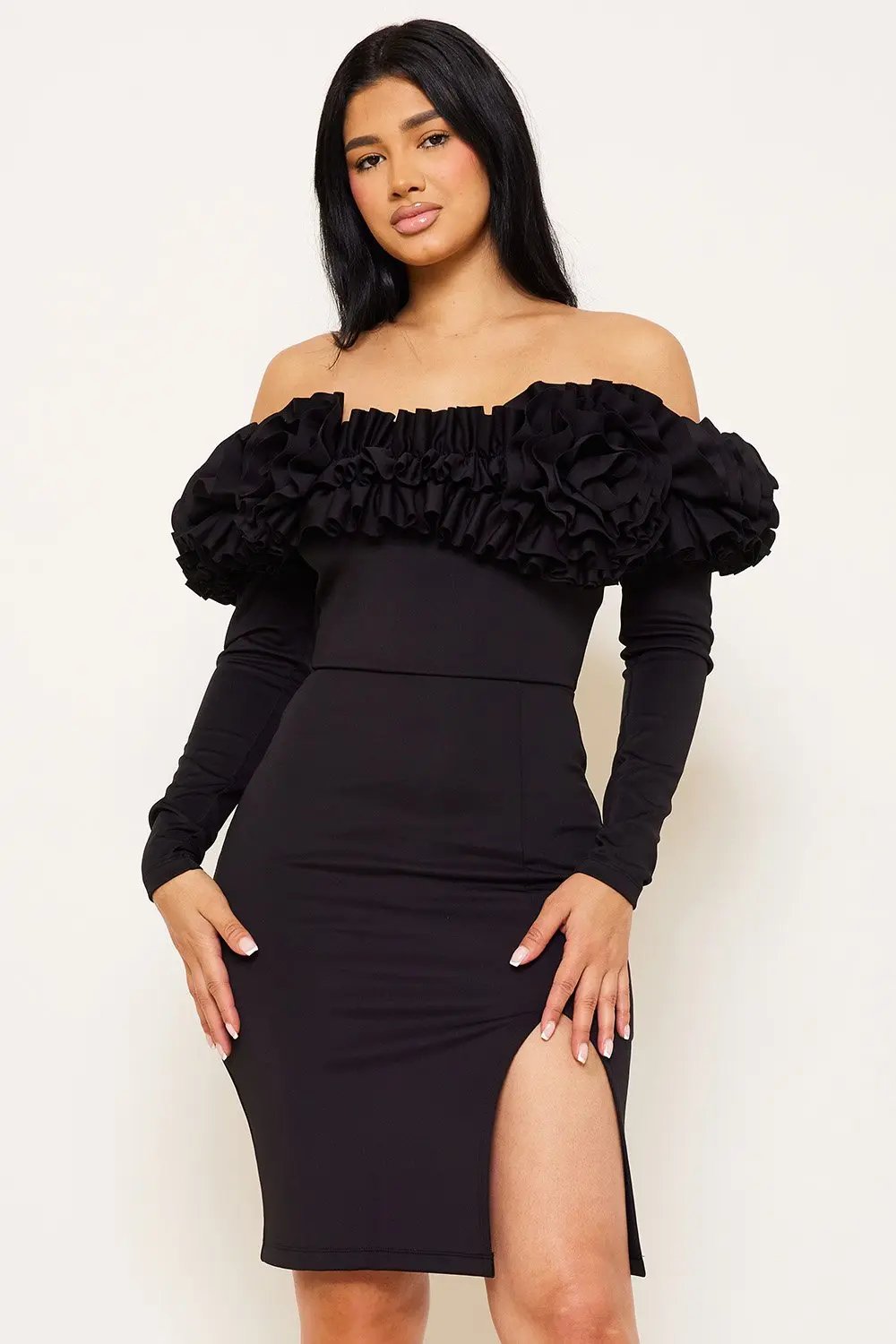 Off Shoulder Midi Dress With Ruffle Sleeve & Zipper Back BOUTINIE